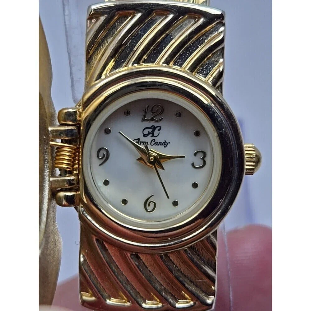 Arm Candy Christmas Tree Ladies Cuff Watch Quartz Gold Tone New Battery Xmas Fun